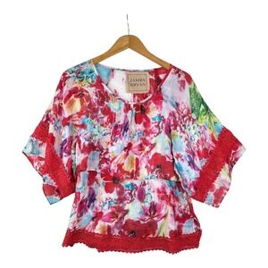 James Bryan Multicolor Artsy‎ Embroider Detail Sleeve Blouse size Large Red/Blue